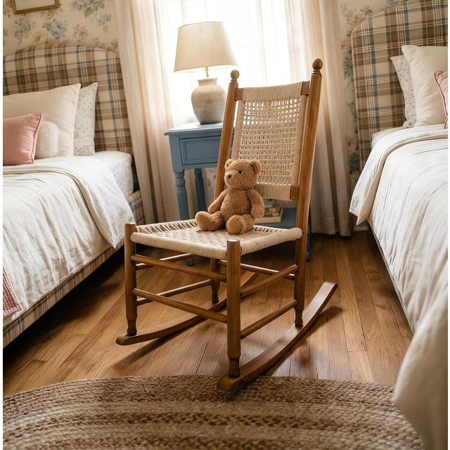 Restored Vintage Child’s Rocking Chair With Hand-Woven Macramé Seat For Sale In Dallas - Image 6 of 12