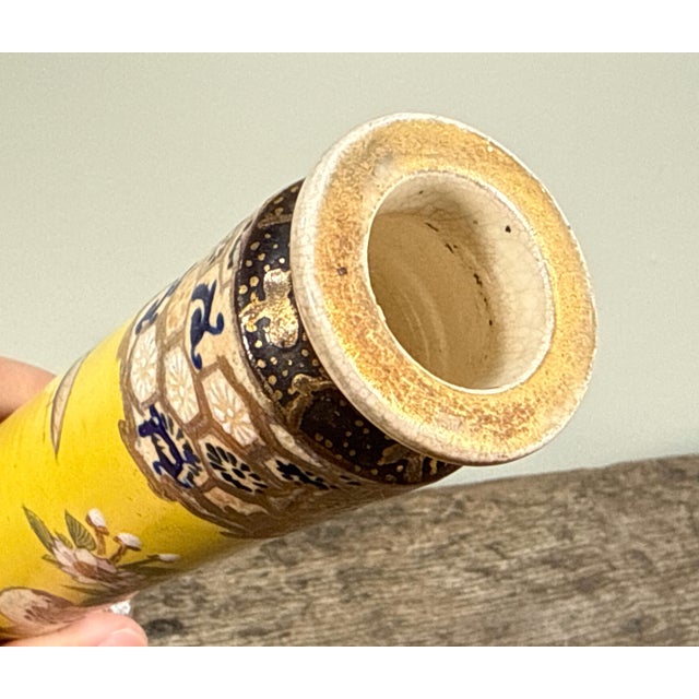 Yellow Antique Meiji Period Japanese Satsuma Ceramic Vase With Yellow Ground and Bird Decoration For Sale - Image 8 of 10