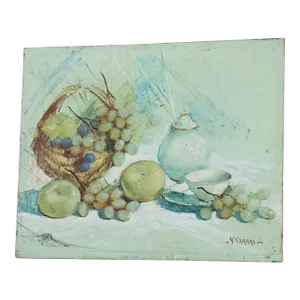 French Still Life Painting of Grapes and Apples in Turquoise, 1910
