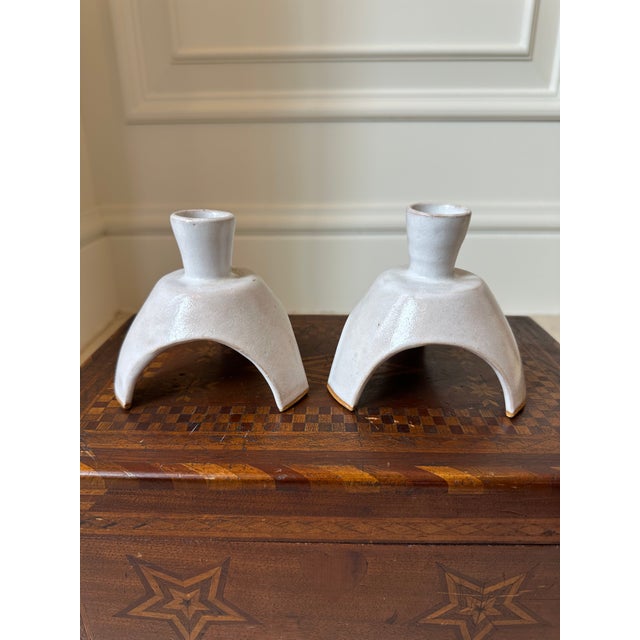 Fabulous Pair of Signed Glazed Terracotta Candleholders. Mid-century Atomic design. Very well crafted. Creamy white/ off-...