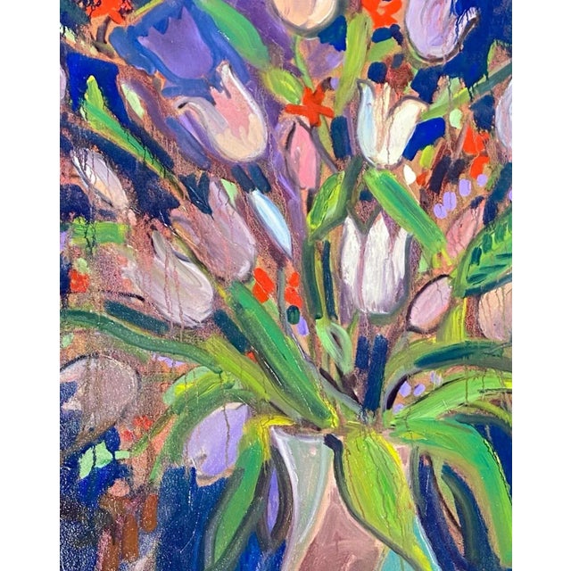 This large still life is expressionistic and impressionist. I am offering this rolled ready for a 48”x 48” frame. Perfect...