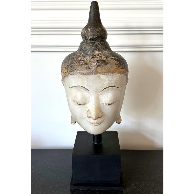 Alabaster Large Extraordinary Antique Burmese Marble Buddha Head Display Stand For Sale - Image 8 of 16