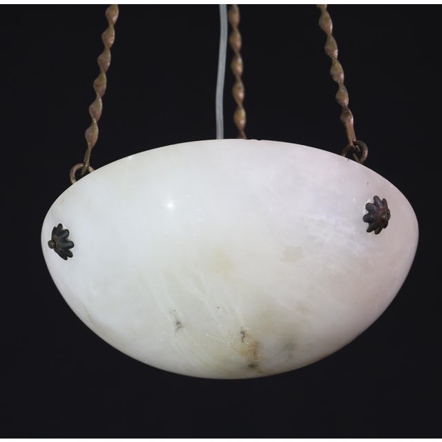 Stone 1950s French Art Deco White Alabaster Pendant Light With Dark Veining For Sale - Image 7 of 16