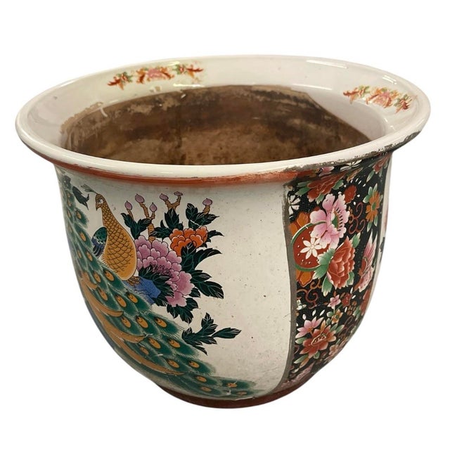 1980s Vintage Chinoiserie Ceramic Peacock and Peony Fishbowl Jardinier Vase For Sale - Image 5 of 12