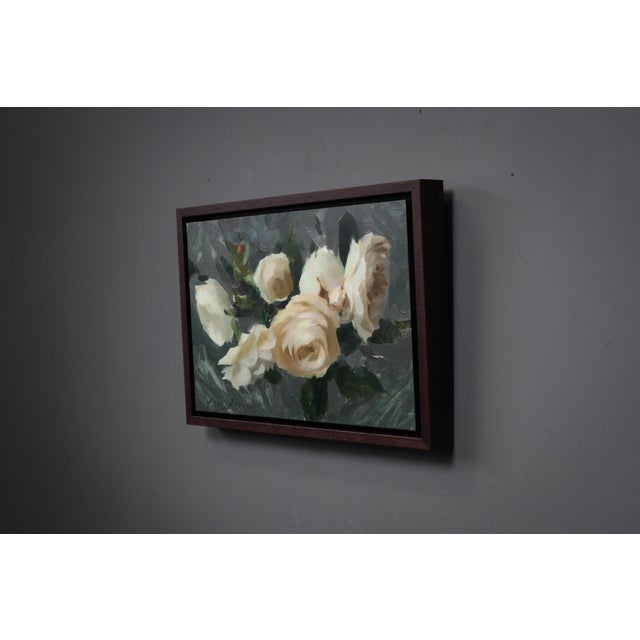 Wood Contemporary Roses II by Jon Doran | Oil on Panel Small White Roses Still Life For Sale - Image 7 of 9
