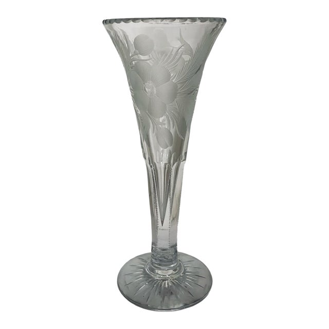 Antique Hand Blown Cut and Lead Crystal Trumpet Vase, 1910s For Sale