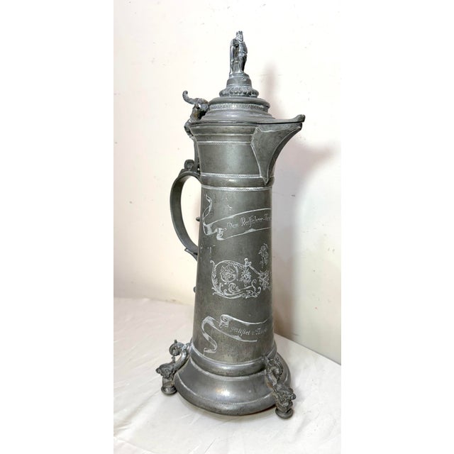 Figurative 19th Century Large Antique Ornate German Cycling Trophy Award Pewter Lidded Stein Tankard For Sale - Image 3 of 18
