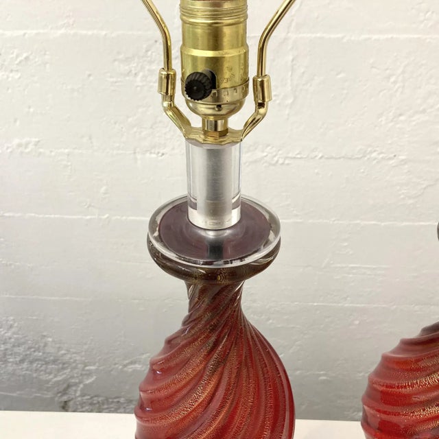 Metal Mid 20th Century Red Italian Murano Glass Table Lamps - Set of 2 For Sale - Image 7 of 11