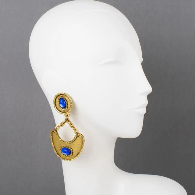 Gold Mercedes Robirosa Style Gilded Metal Clip Earrings with Glass Cabochons For Sale - Image 8 of 8
