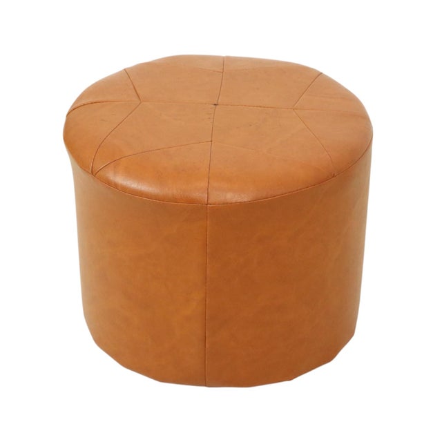 Textile Vintage Round Pouf in Brown Skai and Leather Star Motif, 1960s For Sale - Image 7 of 11
