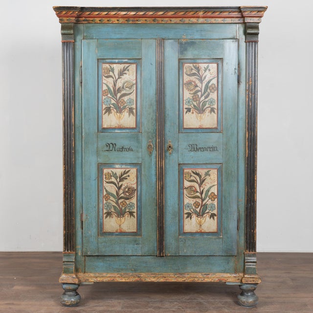 Folk Art Early 19th-Century Hungarian Hand-Painted Pine Two-Door Armoire For Sale - Image 3 of 13
