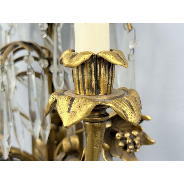 French Louis Xv, Bronze, Cut Crystal, Large Wall Sconces, France, 1930s For Sale - Image 11 of 12