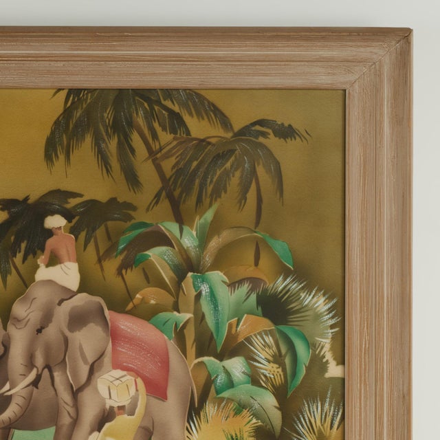 Art Deco Tropical Anglo Indian Style Air Brush Painting With Elephants For Sale - Image 3 of 10