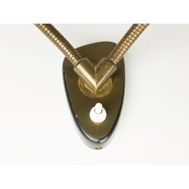 Mid-Century Modern Red & Green Brass and Black Wood Adjustable Wall Lamp, 1960s For Sale - Image 3 of 12