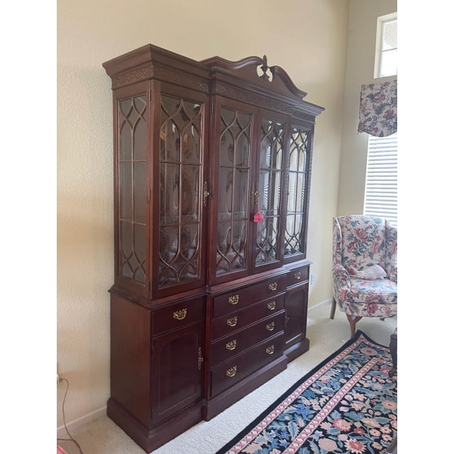 Wood 1998 Knob Creek Breakfront China Bookcase Lighted Curved Glass Doors For Sale - Image 7 of 10