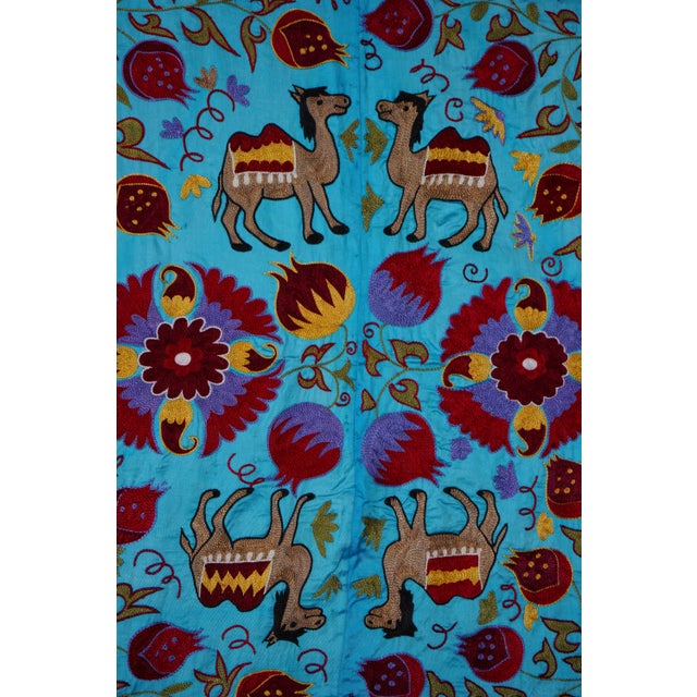 Textile Blue Uzbek Suzani Wall Art – Camel & Floral Motif Embroidery 3'4'' X 6'2'' For Sale - Image 7 of 13