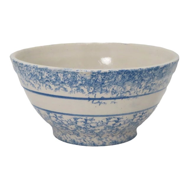 Antique American Blue Spongeware Decorated Stoneware 10 Inch Kitchen Mixing Bowl For Sale