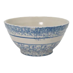 Antique American Blue Spongeware Decorated Stoneware 10 Inch Kitchen Mixing Bowl