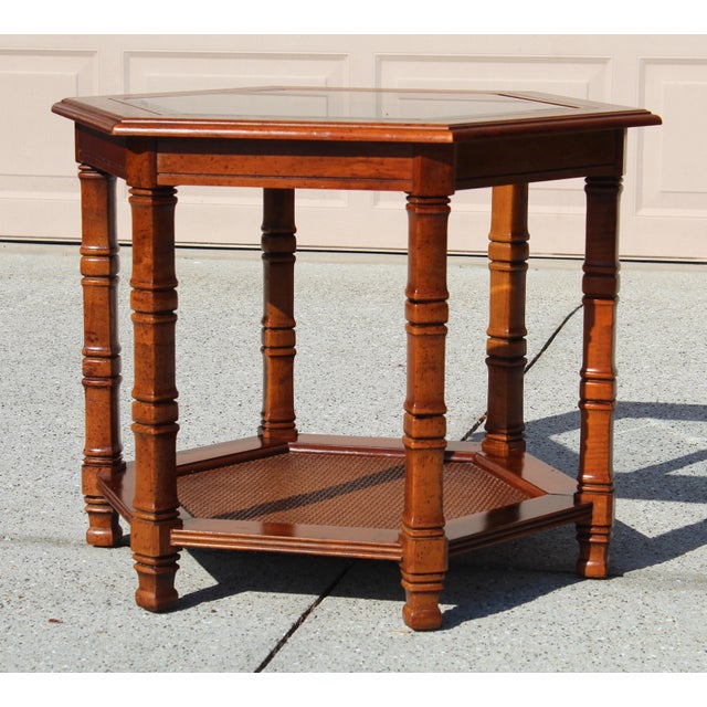 Mid-Century Modern Hexagonal Walnut Side Table With Glass Top & Cane Shelf – Vintage 1960s Accent Table Usa Made For Sale - Image 4 of 12