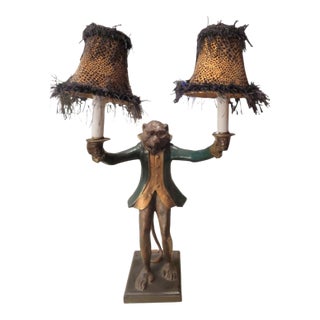 Vintage Signed Bill Huebee Standing Monkey Smoking Jacket Double Arm Table Lamp For Sale