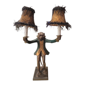 Vintage Signed Bill Huebee Standing Monkey Smoking Jacket Double Arm Table Lamp