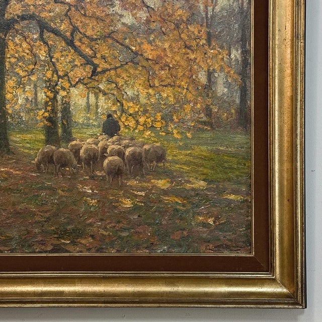 Framed Oil Painting on Canvas by Alphonse Van Beurden Jr. (1878–1962) 'Shepherd and Flock in Autumn Forest' For Sale - Image 9 of 15