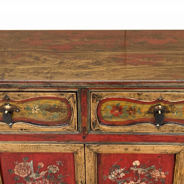 Brick Red Chinese Distressed Mustard Yellow Red Flower Sideboard Credenza Cabinet For Sale - Image 8 of 9