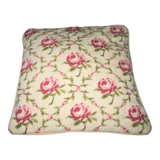 Vintage Needlepoint Pillow With Red Roses & Leaf Design For Sale