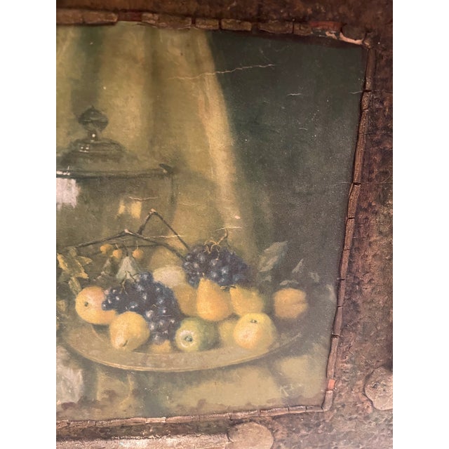 19th Century French Still Life Oil Painting on Ornate Carved Wood, Signed. For Sale - Image 4 of 12