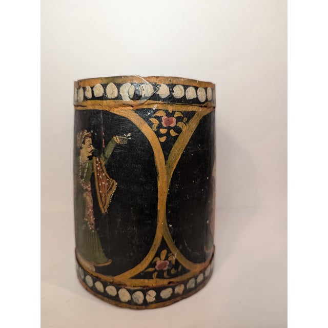 Wood Mid-20th Century Hand-Painted Rajasthani Wooden Vessel With Mughal Court Portraits For Sale - Image 7 of 11