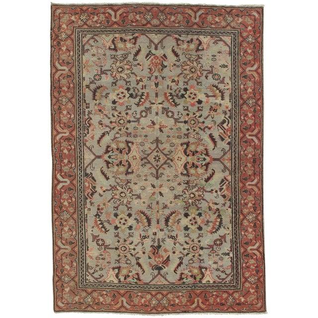 Mid 20th Century Antique Oushak Carpet, Handmade Oriental Rug, Pale blue, Coral Taupe, Cream Fine For Sale - Image 5 of 5