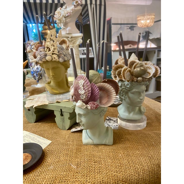 Turquoise Shell-Encrusted Bust in Farrow & Ball “Blue Gray” With Candle Holders For Sale - Image 8 of 12