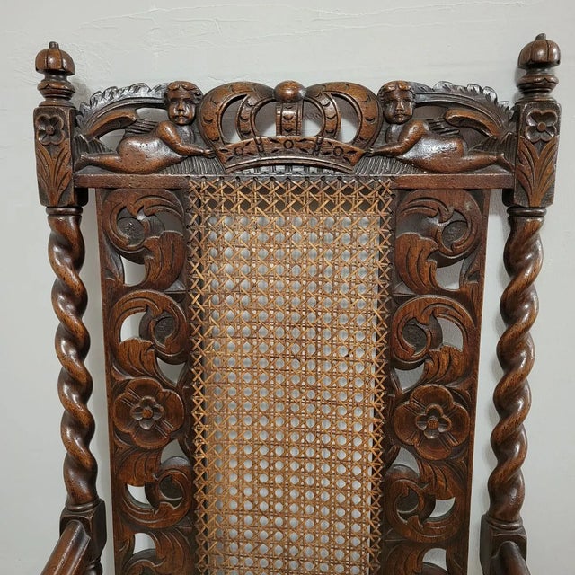 English English Carved Walnut Barley Twist Throne Chair With Putti & Cane Back For Sale - Image 3 of 13