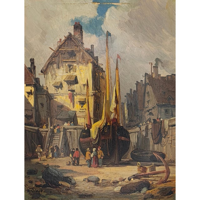 French Artist, The Fishing Village, 1800s, Oil Painting For Sale - Image 4 of 4