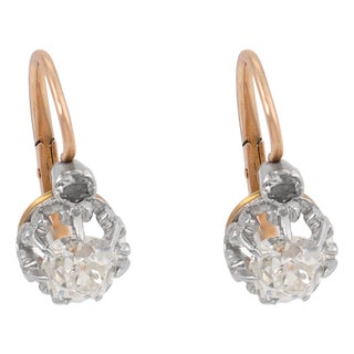 1910s Pair of French Belle Époque Old Cut Diamond Two Tone Drop Earrings For Sale