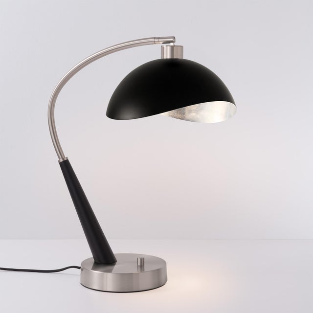 Mid-Century Modern Luna Bella Boomerang Table Lamp, Black Oak/Satin Nickel Body, Matte Black/Silver Shade For Sale - Image 3 of 6