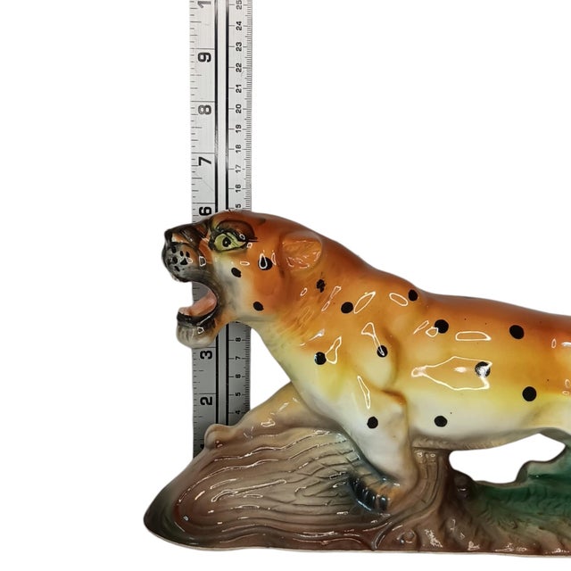 Vintage Ceramic Leopard Cheetah Statue Figurine on Green & Brown Base 12" X 3" X 6" Made in Japan For Sale - Image 17 of 17