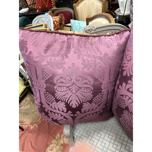Textile Pair of Very Large Custom Purple Silk Damask Brocade Down Filled Pillows For Sale - Image 7 of 10