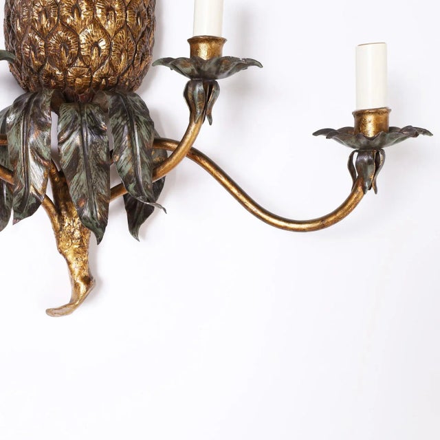 Bronze Pair of Italian Tole Pineapple Wall Sconces For Sale - Image 8 of 10