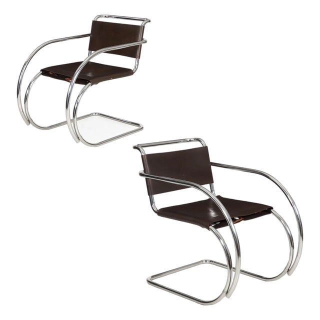 Pair of Vintage 1970s Mies Van Der Rohe Mr20 Leather and Chrome Armchairs For Sale