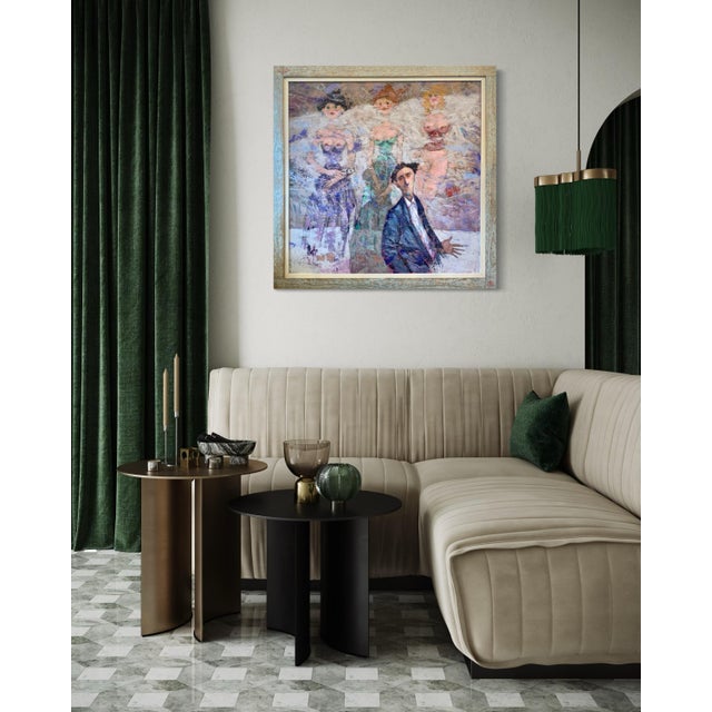 Baby Blue Giampaolo Talani "Women on the Wall" Oil on Board, Large Figurative Work, Tuscan Coastal Art, Contemporary Art by Italian Master For Sale - Image 8 of 12
