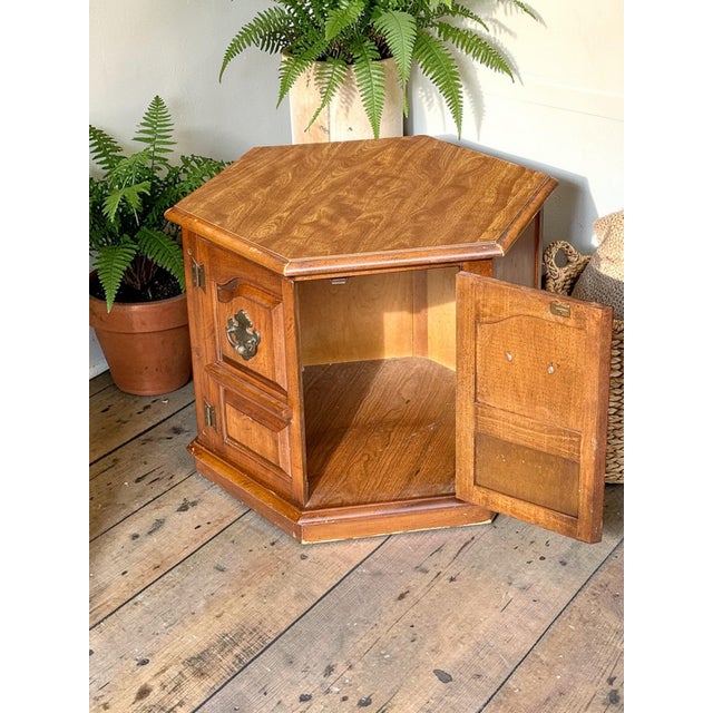 1970s Vintage Octagonal Wood End Tables Pair-Colonial-Traditional-Storage-Night Stands For Sale - Image 5 of 11