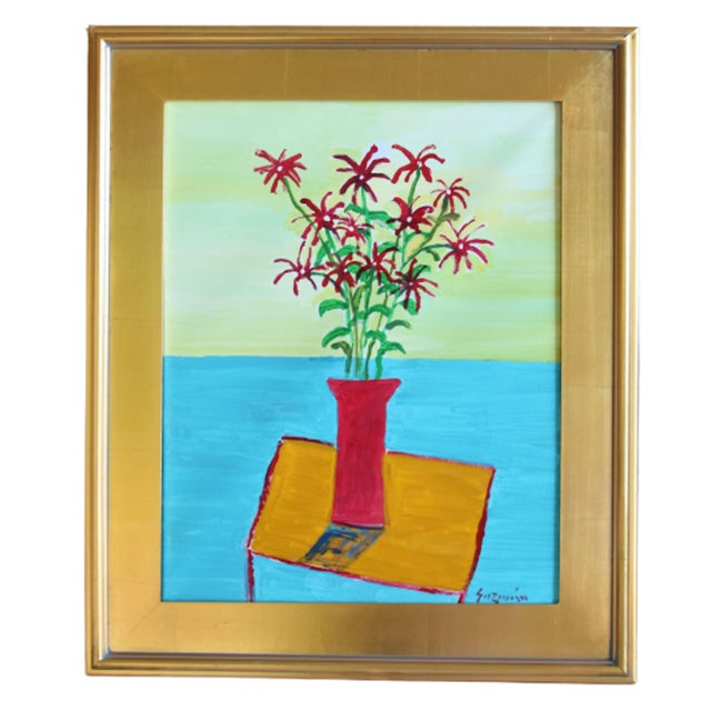Blue Juan "Pepe" Maldonado Guzman (1948-2022) Listed Artist Bouquet of Flowers in Red Vase Painting W/ Gold Leaf Frame For Sale - Image 8 of 9