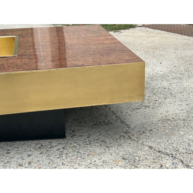 Willy Rizzo Italian Coffee Table in Walnut Burl and Brass, 1970 For Sale - Image 4 of 8