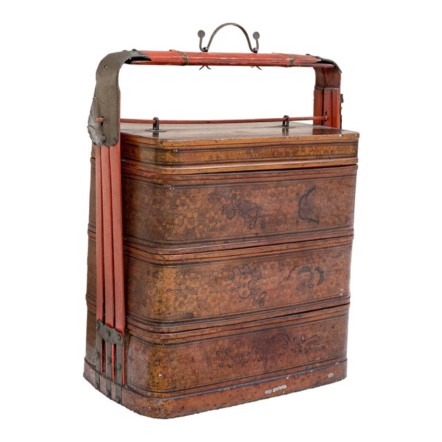 Antique Chinese Stacked Three-Tiered Lacquered Wedding Basket For Sale