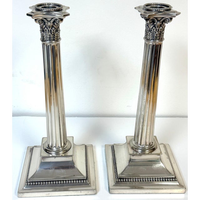 Pair of Sheffield Plated Corinthian Column Candlesticks Attributed to Elkington For Sale - Image 9 of 12