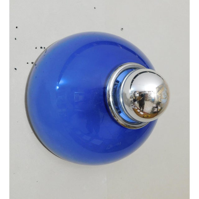 Vintage Italian Tilos wall light or flush mount with blue glass shade mounted on white metal base / Made in Italy,...