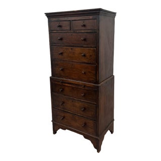 Mid 19th Cen Dark Oak Shaker Two-Piece/ Chest on Chest Tallboy With 8 Drawers For Sale