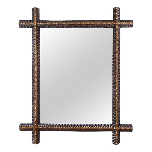 Rustic Tramp Art Handcarved Wall Mirror, Austria, 1880s For Sale