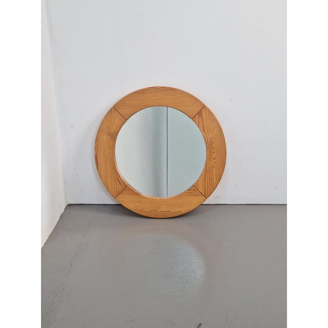 Vintage Scandinavian Pine Wood Round Mirror, 1970s For Sale - Image 6 of 9